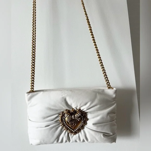 NWT Authentic Dolce & Gabbana Devotion White Leather Heart Bag Gold Chain Pearl - Picture 7 of 14
